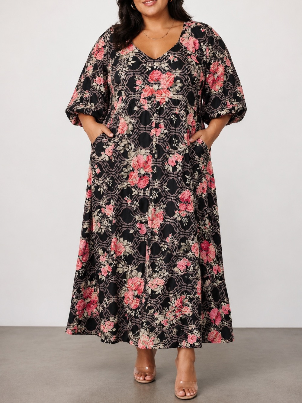 Baltic Born Ivanna Black Floral Embroidered Cottagecore Satin Midi Dress